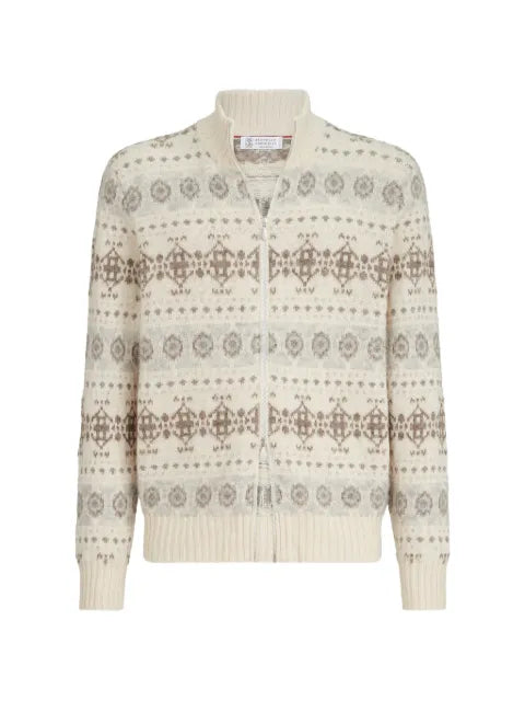 Brunello Cucinelli cashmere jacquard high-neck cardigan with zipper