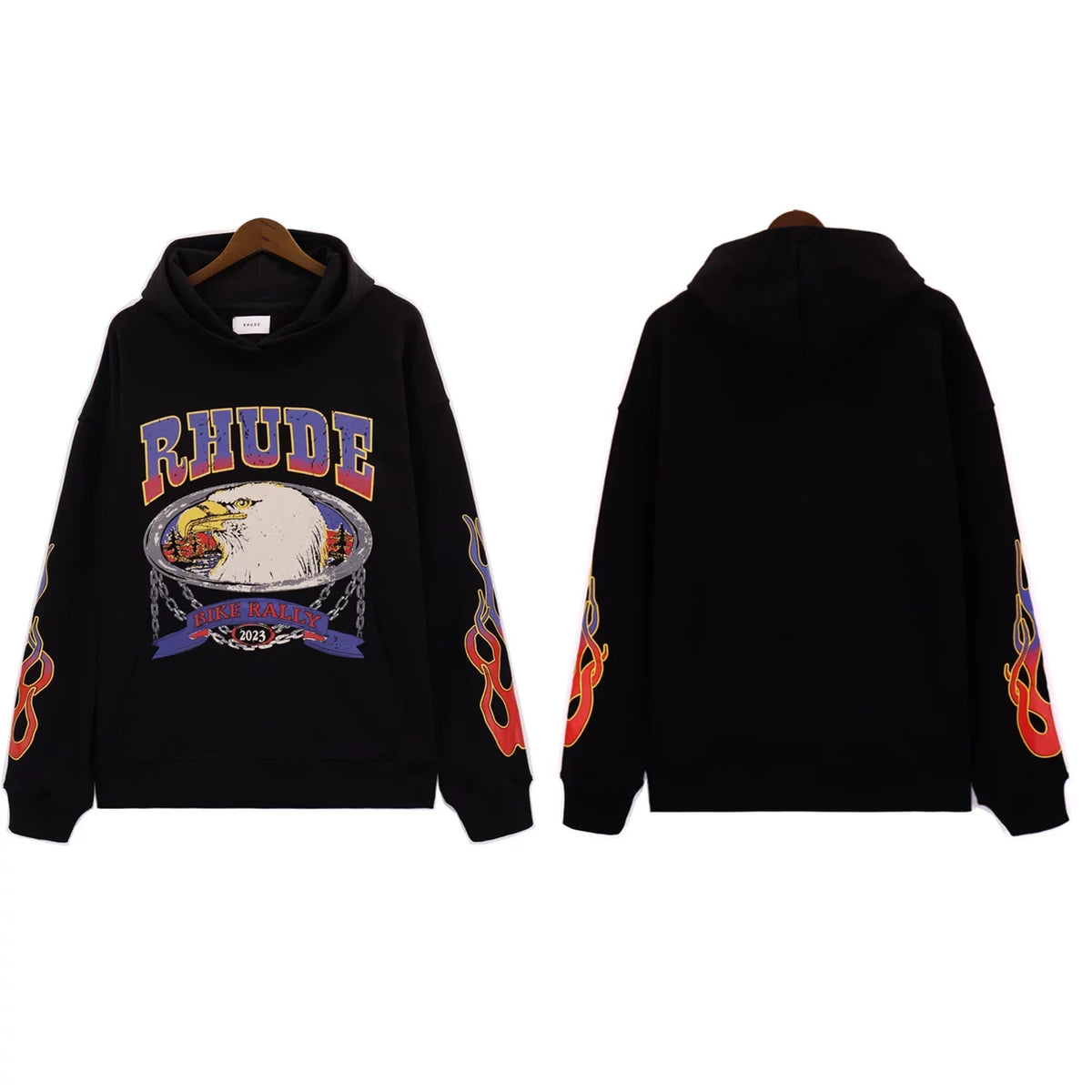 RHUDE Eagle Graphic Flame Sleeve Hoodie Black
