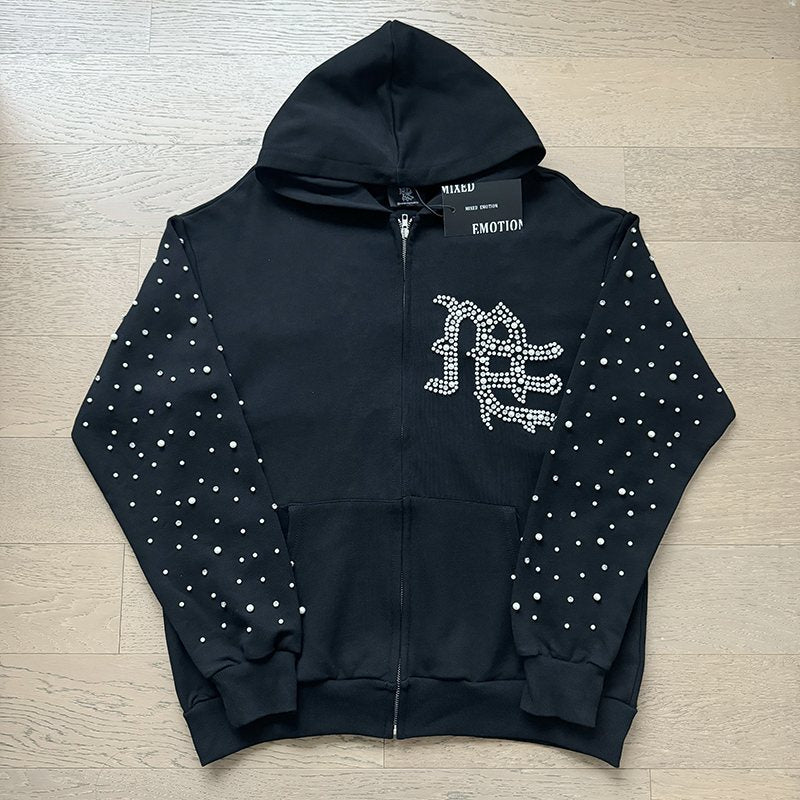 MIXED EMOTION Rhinestone Graphic Zip Hoodie & Sweatpants Set