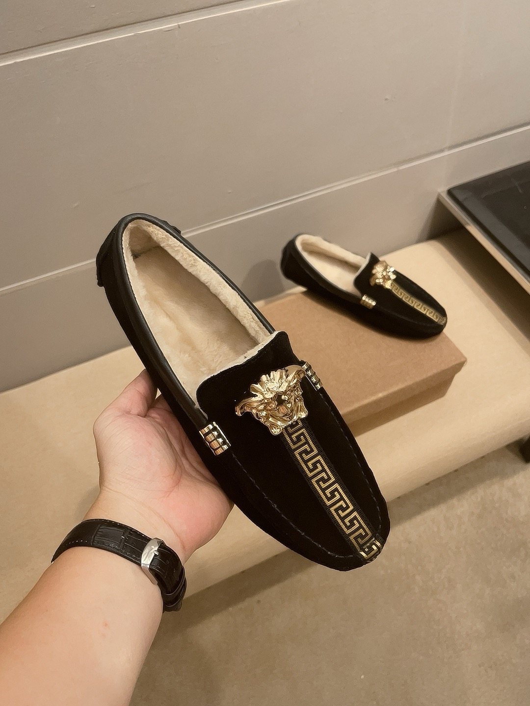 Versace Men's Black Gold-Detail Slip-On Shoes