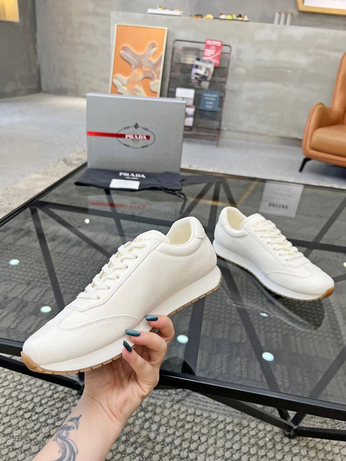 Prada White Beige Low-Top Sneakers
