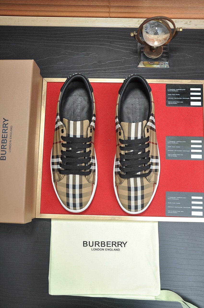 Burberry Tan Plaid Low-Top Sneakers - Tan Plaid Panel Design